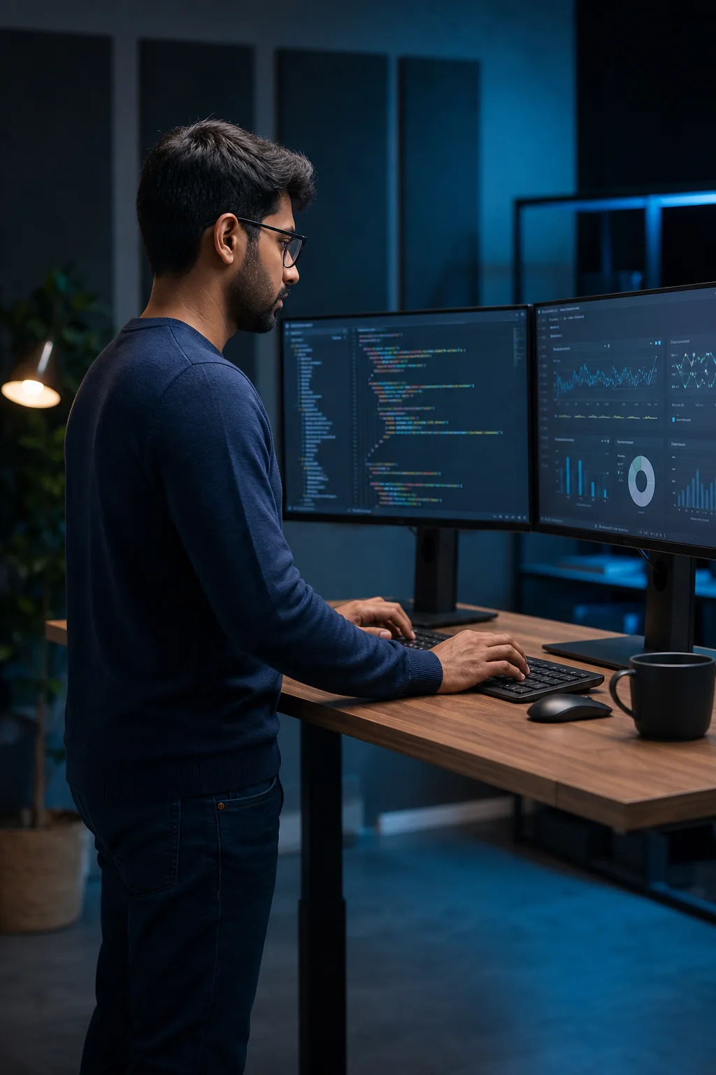 Software engineer working at a standing desk
